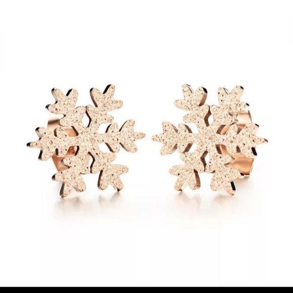 Rose gold stainless steel snowflake earrings. - Picture 8 of 8